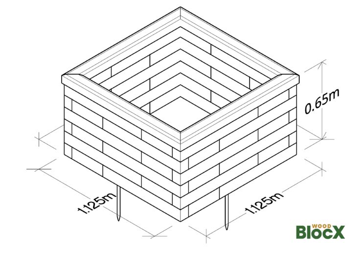 Petit bassin surélevé carré / 112,5 x 112,5 x 65 cm WoodBlocX